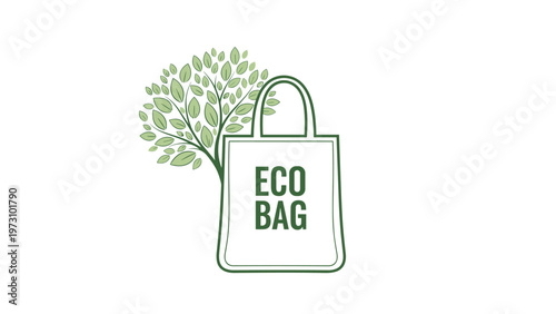 Green eco-friendly bag illustration with a small tree growing out of it promotes environmental awareness and sustainable living.