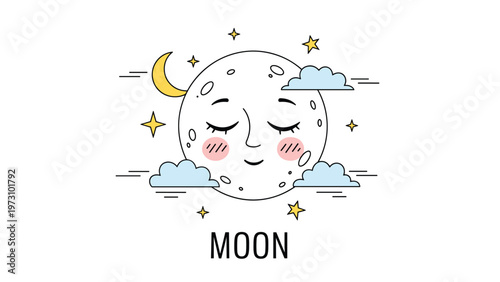 Charming illustration of a sleeping moon face surrounded by stars and clouds creates a peaceful night scene for children.