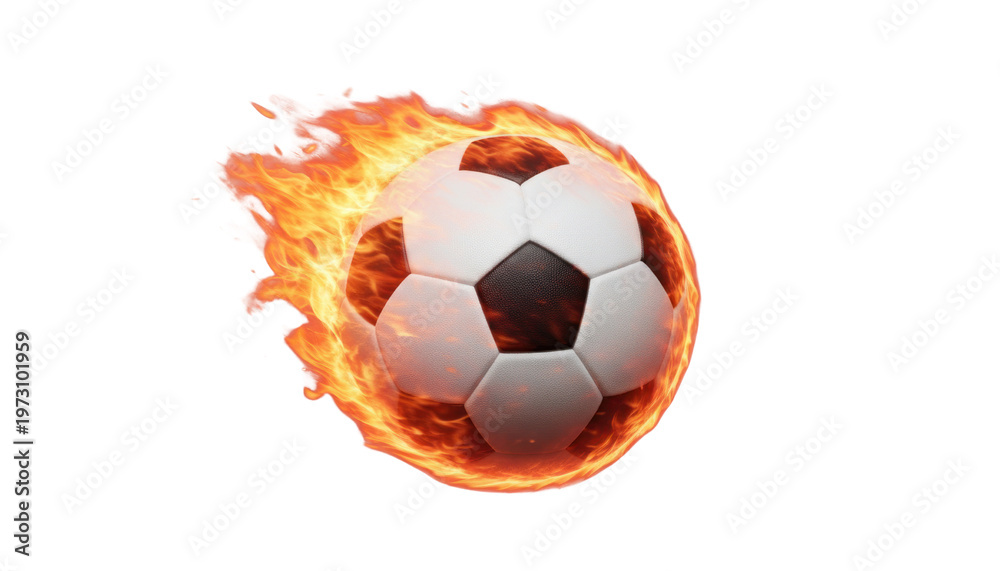 Fototapeta premium Flaming soccer ball flying through air, burning football with orange fire trail, fast moving sports equipment for competition and tournament graphics isolated PNG with Transparent Background