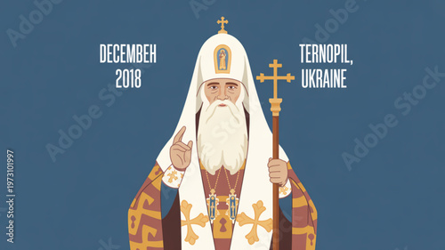 Orthodox priest with white beard and traditional robe holding cross ternopil ukraine december 2018