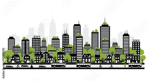 A stylized black and white cityscape features numerous skyscrapers and buildings with green treetops alongside a busy street with vehicles high quality professional detailed