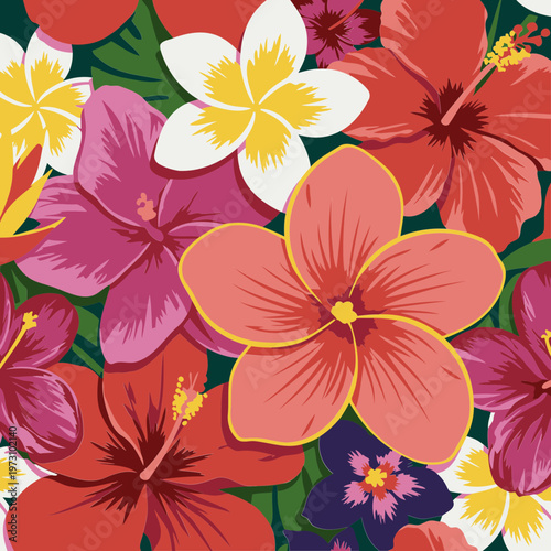Tropical flower pattern with vibrant colors in a lush, dense arrangement. Colorful flower pattern with various tropical flowers in a dense and colorful design.