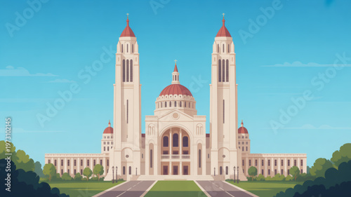 Large white cathedral with red domes and twin towers on a green lawn under a blue sky