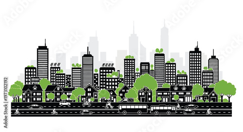 A stylized black and white cityscape illustration features a variety of buildings trees and street level transportation with people high quality professional detailed modern