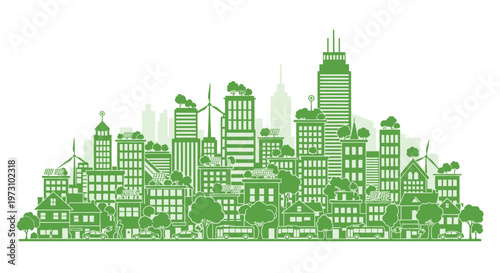 A stylized monochromatic green illustration depicts a thriving cityscape blending modern skyscrapers with quaint tree lined buildings high quality professional detailed elegant stylish clean