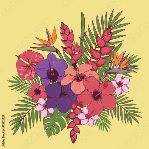Tropical flower bouquet illustration with vibrant colors and detailed linework. Lush display of exotic blooms and foliage in a decorative arrangement.