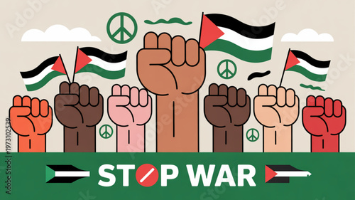 Diverse hands with fists raised holding palestinian flags and peace signs promoting unity and anti war message on a green banner