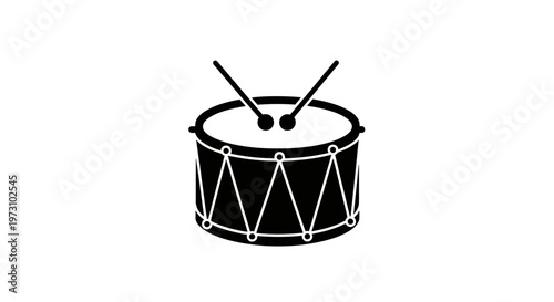 A black silhouette of a drum with crossed drumsticks poised above it