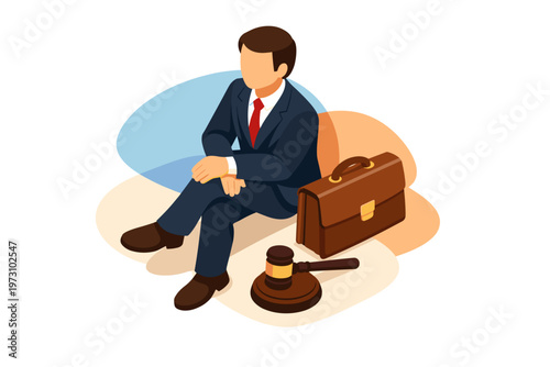 Fotografia Isometric Lawyer Sitting with Briefcase and Judge Gavel