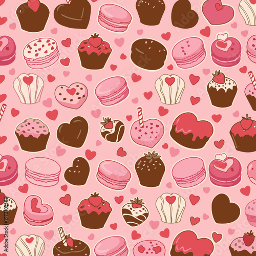 Valentine's Day themed seamless pattern of assorted pastries and desserts in pink and red colors with scattered hearts.