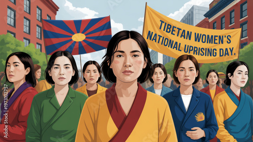 Tibetan women protesting for freedom and rights on national uprising day holding flags and banners in a city