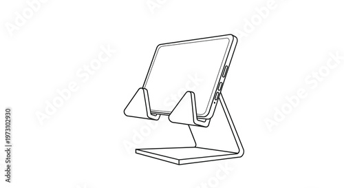 A minimalist line drawing depicts a tablet computer securely positioned on a sleek metal stand for comfortable viewing high quality professional detailed modern elegant