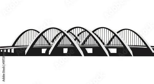 Black and white silhouette of a multi-arched bridge with distinct vertical supports and a solid roadbed