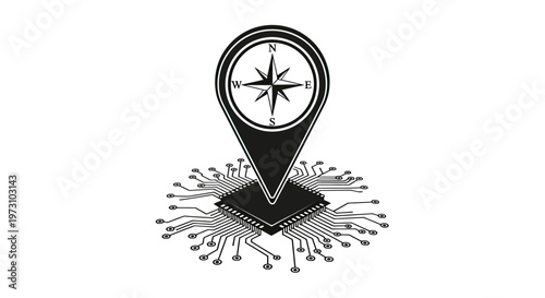 Location pin with compass overlay atop a central processing unit