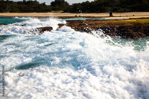 日本の離島、奄美大島に広がる豊かなサンゴ礁の景観。