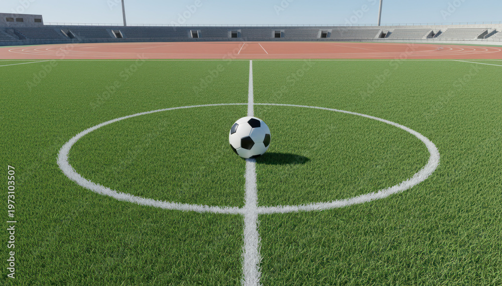 Fototapeta premium Soccer ball on green turf at midfield, football on stadium pitch with white center circle lines, sports match concept isolated PNG with Transparent Background