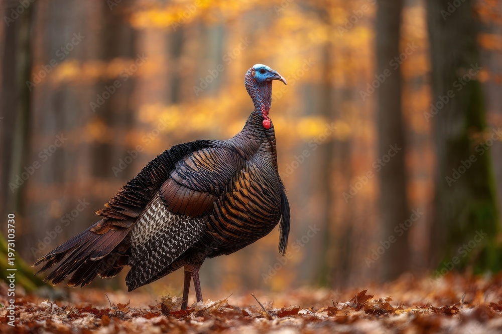 Fototapeta premium Wild Turkey in a Woodland Scene, Calm Moment Amid Seasonal Colors