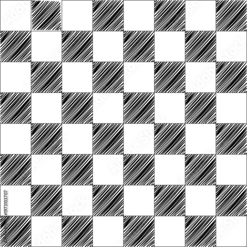 Chessboard or checker board seamless pattern in black and white. Checkered board for chess or checkers game. Strategy game concept. Checkerboard background. Transparent background EPS version.