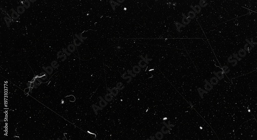 Abstract black background with white dust particles, scratches, and film grain texture, creating a vintage and distressed overlay effect.