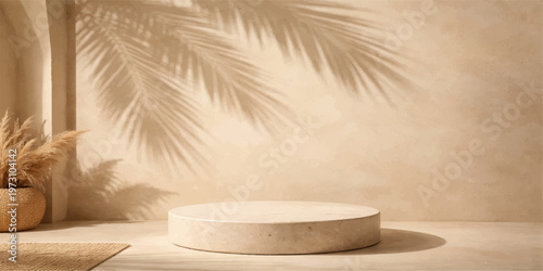 Exotic tropical living room interior design featuring a sunset ocean view with palm trees and white sand beach paradise illustration vector