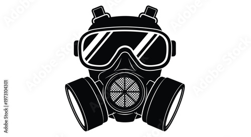 A stark black and white illustration depicts a vintage style gas mask with circular eyepieces and a prominent filter component high quality professional detailed