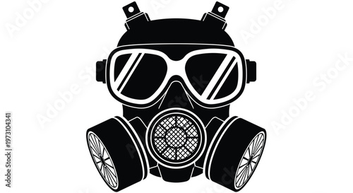 This striking black and white illustration depicts a full face gas mask with prominent goggles and a circular filter isolated on white high quality