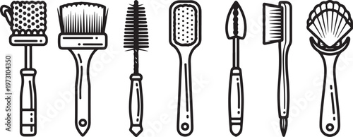 A collection of seven different types of forks displayed in a row Vector