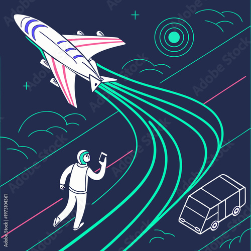 Astronaut looking at smartphone as spaceship flies overhead with digital data streams with line art with outer space