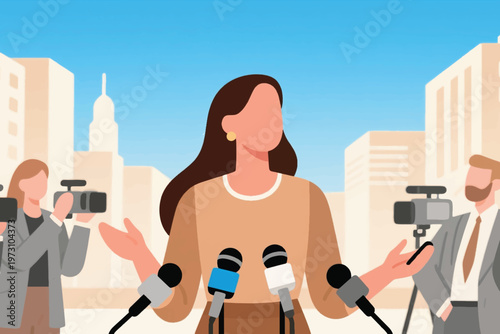 Speaker addressing multiple microphones outdoors with city buildings and video cameras recording, stylized vector illustration.
