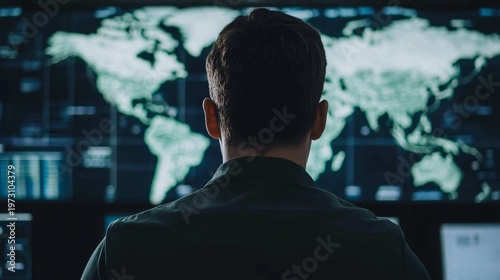 Global defense monitoring center analyzing radar + missile trajectory visualization across international surveillance networks using integrated tracking systems.