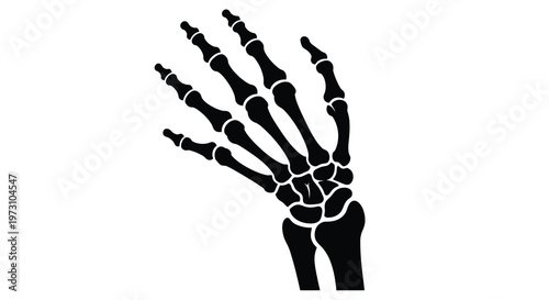 This stark image depicts a black silhouette of a human hand but instead of flesh it displays the underlying skeletal structure showing bones