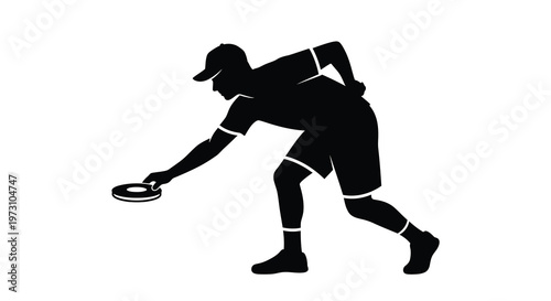 A striking black silhouette depicts a disc golfer in mid throw showcasing the dynamic motion and technique of the sport high quality professional detailed