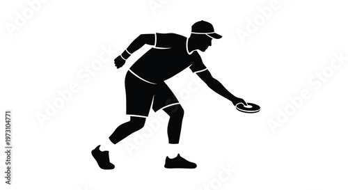 A minimalist black silhouette depicts a man in motion seemingly throwing a frisbee or disc demonstrating athletic activity and dynamic form high quality professional