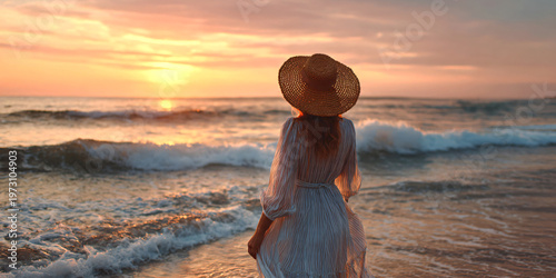 Seascape in sunset, blonde woman walking to water on sand, back view Graceful lady in straw hat admiring sunrise above sea and feeling happiness, calmness and joy, enjoy life