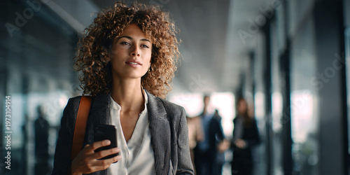 Business woman walking through modern office while using smartphone, confident successful executive, busy workplace with colleagues in background.