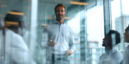 Group of business professionals in modern boardroom meeting, female team leader standing and presenting ideas on whiteboard.