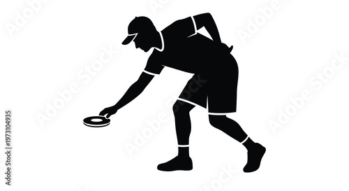 A stark black silhouette depicts a person in mid motion releasing a flying disc showcasing athletic activity and dynamic movement high quality professional detailed