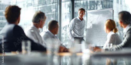 Group of business professionals in modern boardroom meeting, female team leader standing and presenting ideas on whiteboard.