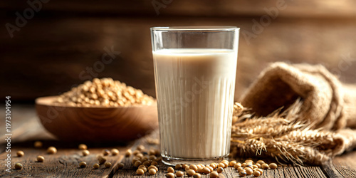 glass of fresh soy milk on rustic wooden table, creamy texture, soft natural daylight, bowl of soybeans and scattered grains beside it,  clean and healthy plant-based beverage concept.