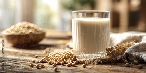 glass of fresh soy milk on rustic wooden table, creamy texture, soft natural daylight, bowl of soybeans and scattered grains beside it,  clean and healthy plant-based beverage concept.