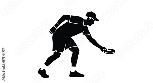 A stark black silhouette depicts a male athlete in mid action seemingly throwing a frisbee or disc with focused determination high quality professional detailed