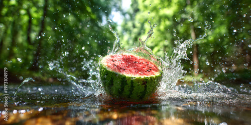fresh whole watermelon splashing into a clear natural stream, dynamic water droplets frozen in motion, surrounded by lush green trees and forest background.