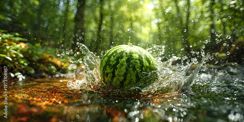 fresh whole watermelon splashing into a clear natural stream, dynamic water droplets frozen in motion, surrounded by lush green trees and forest background.