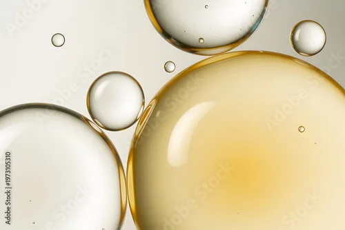 Fototapeta samoprzylepna macro photograph of transparent and golden oil bubbles on white background