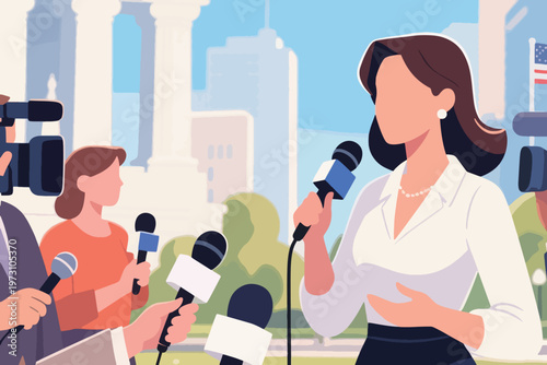 Public figure in white blouse speaking at podium with multiple microphones, government building and flag background, stylized vector illustration.