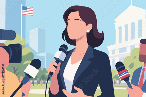 Public figure speaking outdoors with multiple reporters’ microphones, American flag and government building background, stylized vector illustration.