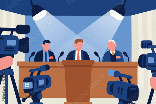 Three speakers at podium with microphones under spotlights, video cameras recording press conference, stylized vector illustration.