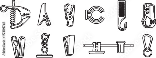 A collection of simple black and white line drawings of various objects and tools Vector