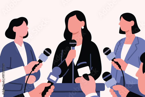 Speaker at podium with microphone surrounded by reporters in professional attire, press conference scene, stylized vector illustration.