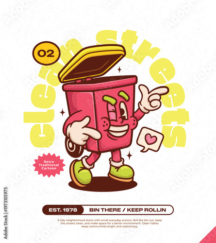 Trash Can Trendy Retro Cartoon Vector Hand Drawn 2